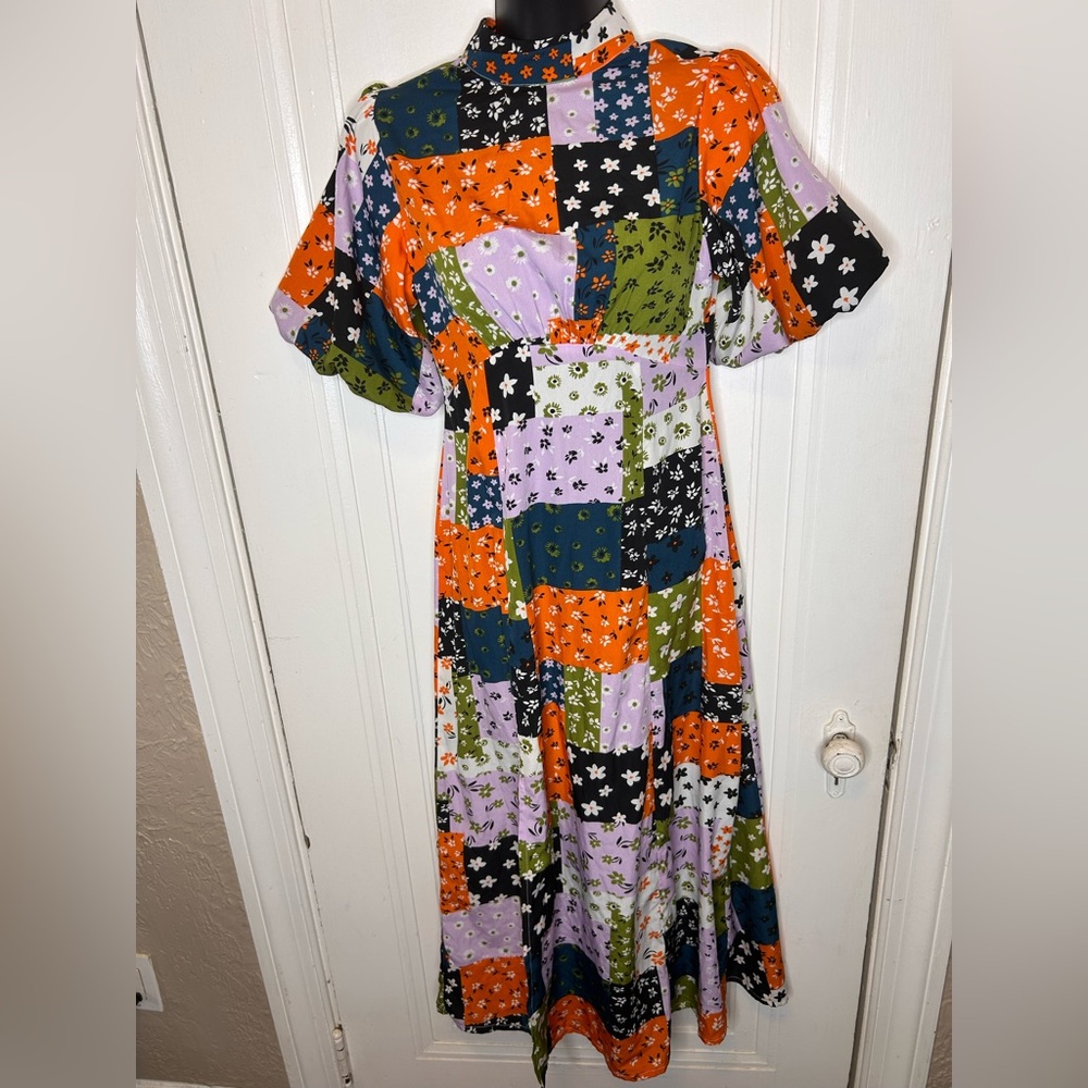 Nasty Gal Multicolor Floral Puff Sleeve MIDI Dress